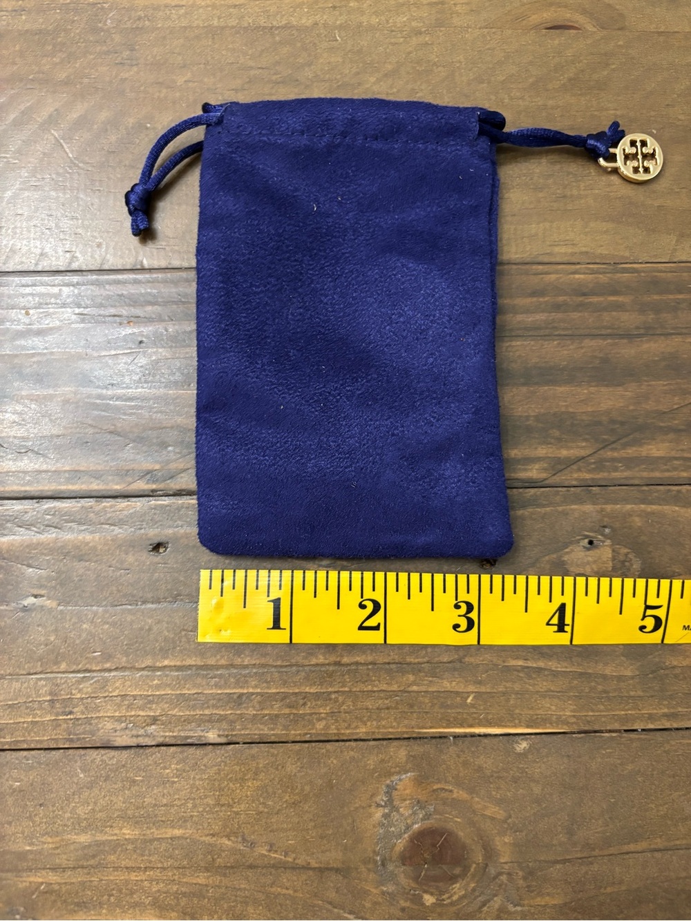 Tory Burch Navy Blue Drawstring Jewelry Pouch with Gold Logo Charm